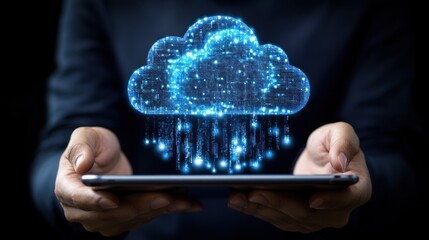 Poster - Person holding tablet with glowing digital cloud and data streams