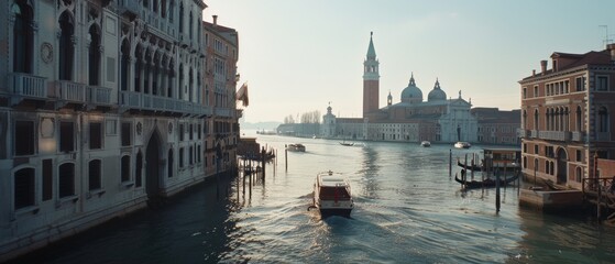 A serene view of Venice's Grand Canal, capturing a boat sailing past historic architecture in the soft glow of morning light.