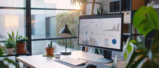 Wall Mural - a modern workspace is brightened by natural light, with a focus on analytics and growth displayed on