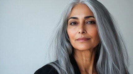 Wall Mural - A woman with long gray hair is smiling for the camera