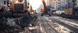 © Ai Studio - A bustling construction scene unfolds with heavy machinery and workers amid urban development, showcasing progress and industrial vigor.
