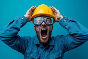 Man in a blue helmet is screaming. He is wearing a blue shirt and a blue jacket. worker with a blue outfit and hands on his head screaming Oh my god