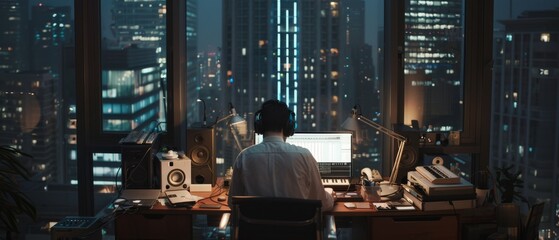 Wall Mural - an individual wearing headphones works intently at a desk in a dark room, city lights shimmering out