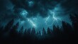 © HuynhThiThuy - A dramatic nighttime storm with multiple lightning bolts branching across a dark sky, casting bright light over the silhouette of a dense forest of tall trees.