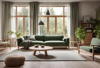 White living room with glass wooden windows, wooden furniture and green sofa. There are beautiful decorative plants.