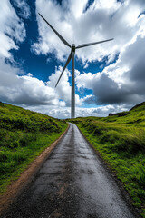 Wind turbine on green landscape road