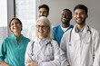 © fizkes - Group portrait happy motivated multiracial medic team at clinic office workplace. Diverse medical students interns teammates gather together with senior woman doctor professor teacher laugh having fun