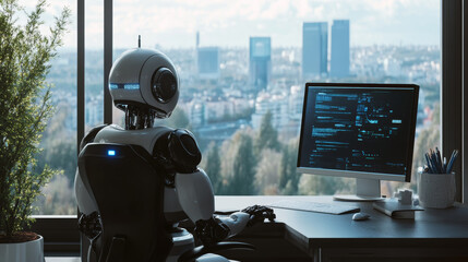 Robots working in front of computers in the office