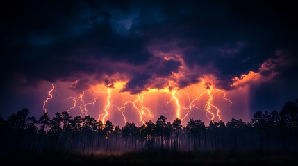 A nighttime thunderstorm with several lightning bolts crisscrossing the sky, illuminating the silhouette of a grove of pine trees in the foreground.