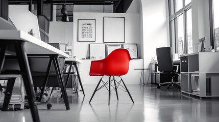 Modern Office Scene Featuring a Red Chair in Monochrome Setting