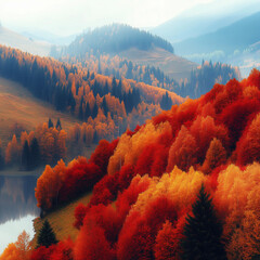 Vibrant red, orange, and green trees reflected in clear water, set against soft white pebbles under a bright blue sky with scattered clouds. Sunlight adds a soft, natural glow.