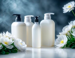 A cosmetic set on a white table with white anemone flowers.  Bottles for skin care on display with cosmetics