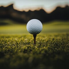 Close-up of a golf ball on a tee, with a blurred grass background