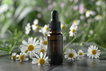 Chamomile flowers with small cosmetic bottle near, herbal extracts used in beauty products concept. Generative AI