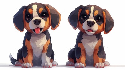 Dog friends. Cute puppies with happy playful and straight neutral expressions, emotions. Two Beagle in different pose. Funny pets, canine animals. Flat vector illustration isolated on white background