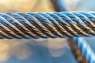 A close-up of twisted metal cable showcasing its intricate texture and sheen against a blurred background.