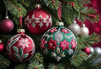 A creative background made of red, silver, green Christmas balls embroidered with thread on a green background.  New Year's background.