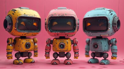 Cute 3D Robots Set Against Colorful Backgrounds for Technology Themes. A set of three adorable 3D robots, each with a unique design and personality, displayed against vibrant backgrounds. Vector