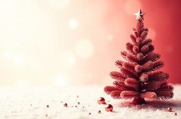 Red Christmas tree with star on top on artificial snow, light background with glare