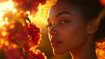 A beautiful woman gazing into the sunset among blooming flowers with warm sunlight embracing her face and enhancing her features.