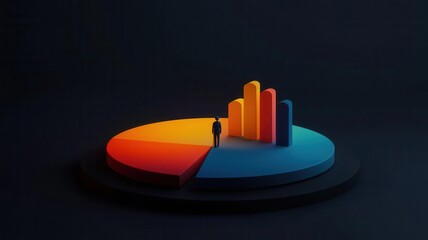 Glowing pie charts and bar graphs floating around a central figure, visual representation of data insights, 3D illustration