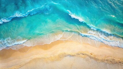  Breathtaking aerial perspective of a vibrant watercolor sea and sandy beach in summer, ideal for backgrounds and ample copy space for creative projects.