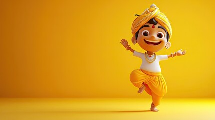 A happy 3D Indian cartoon character dancing, with ample copy space on the sides.