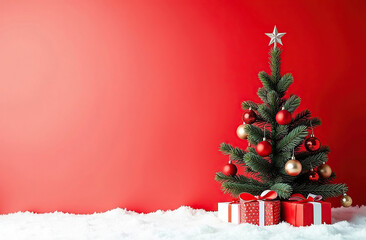 Decorated Christmas tree on artificial snow, gifts under the tree, red solid background