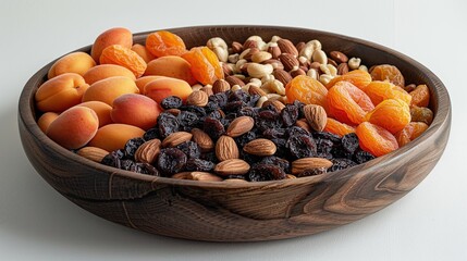 Poster - A wooden bowl filled with fresh apricots, dried apricots, almonds, and raisins.