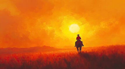 A painting of a lone cowboy riding his horse into the sunset, vibrant orange sky, and ample copy space above the horizon.