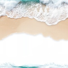 A serene beach scene featuring soft sand meeting gentle waves under a clear sky.