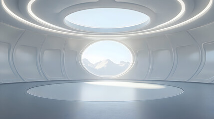 Wall Mural - a large, empty room with a window that looks out to the mountains
