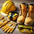 © Ideal & Ideas - A collection of safety gear, including a yellow hard hat, safety boots, gloves, earmuffs, and goggles, placed on a wooden surface.