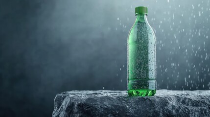 Refreshing Beverage Bottle on Textured Stone Surface with Condensation and Light Reflections - High Resolution 8K Photo Realistic Image