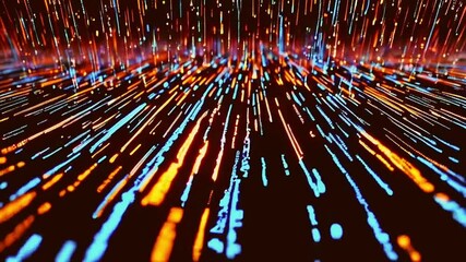 Many narrow lines of abstract program code are written automatically on black background. Animation. Working program code, software and internet concept