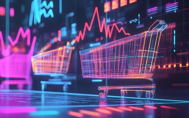 Colorful digital shopping carts with dynamic graphs, symbolizing online retail and e-commerce innovation in a modern market.