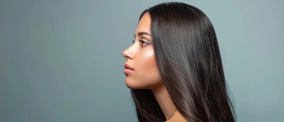 Wall Mural - A serene profile picture of a woman: long black hair, eyes closed, gentle smile, pink cheeks, gradient blue-grey background, creating a calm ambiance.