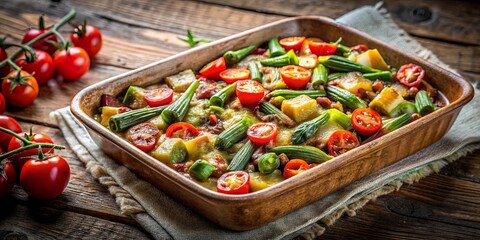 A rustic wooden table scene with a ceramic baking dish overflowing with fresh vegetables, showcasing a vibrant and savory vegetarian casserole.