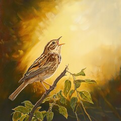 Wall Mural - Joyful Bird Perched on Branch Singing in the Sunlight