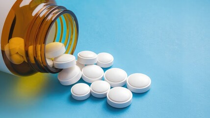 transparent orange pill bottle tipped over, releasing white tablets on a striking blue background wi