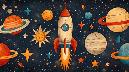 Children's space adventure vector illustration set