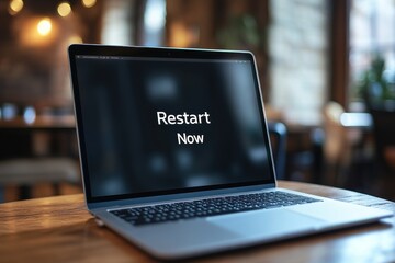 laptop displaying restart now message in cozy setting laptop displaying restart now message in cozy 