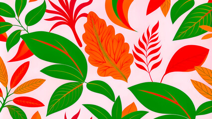 Vibrant floral leaf pattern: colorful autumn-inspired foliage design on a soft pink background for wallpaper and decor