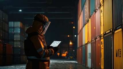 A worker in protective gear uses a tablet among shipping containers at night.