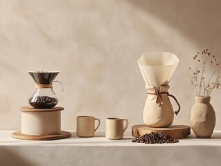 An elegant coffee background for artisanal coffee brands, showcasing hand-poured coffee, rustic mugs, and freshly roasted beans, all arranged in a stylish, 