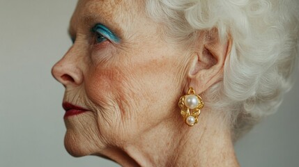 A woman with blue eyeliner and a gold earring