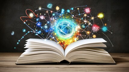 Poster - Open Book with Abstract Glowing Network and Cosmic Elements