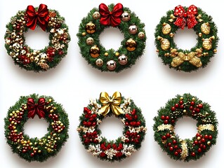 Wall Mural - Six festive Christmas wreaths decorated with red and gold ornaments.