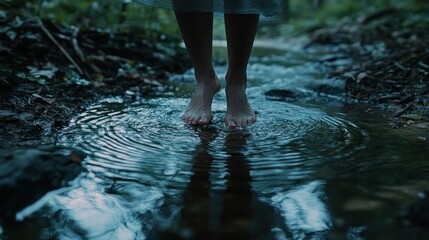 A person standing barefoot in a stream, creating ripples in the water.