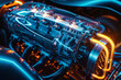 © ssshohan - Close-up of a glowing electric engine prototype part of an eco-friendly supercar concept